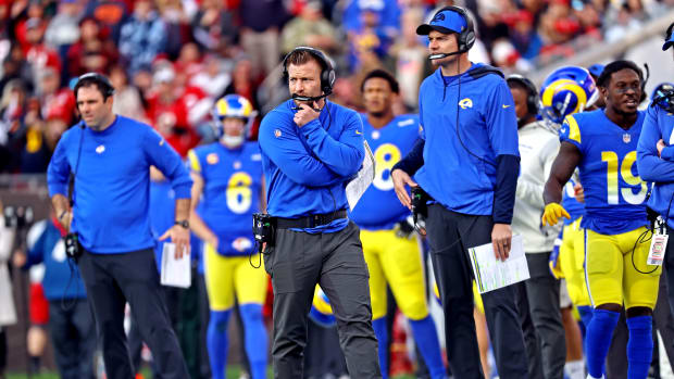 Jan 23, 2022; Tampa, Florida, USA; Los Angeles Rams head coach Sean McVay looks on during the second half against the Tampa Bay Buccaneers in a NFC Divisional playoff football game at Raymond James Stadium. Mandatory Credit: Kim Klement-USA TODAY Sports